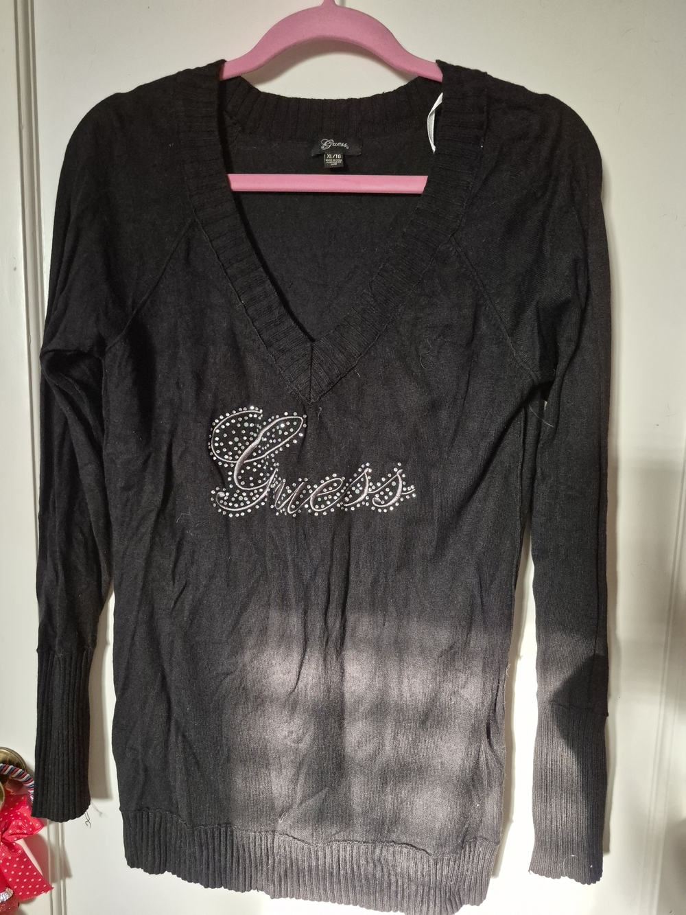 Guess Rhinestone Logo V-Neck Sweater — Black